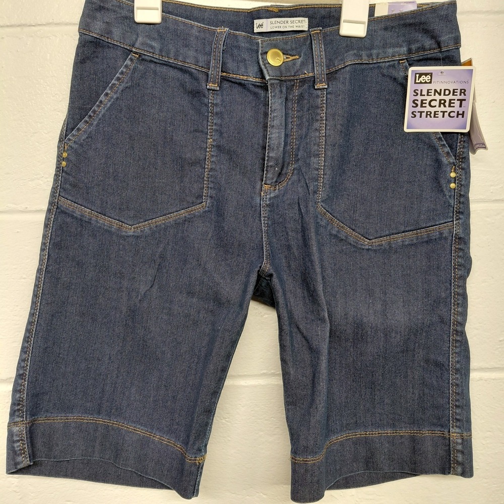 Lee Slender Secret Bermuda Womens 10 Blue Denim Shorts Button Flap Pckts Stretch